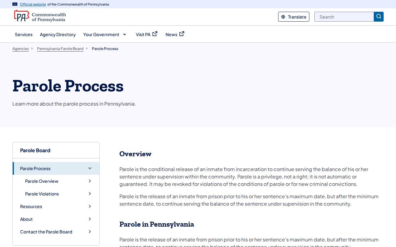 Pennsylvania parole process for Westmoreland County post-release supervision
