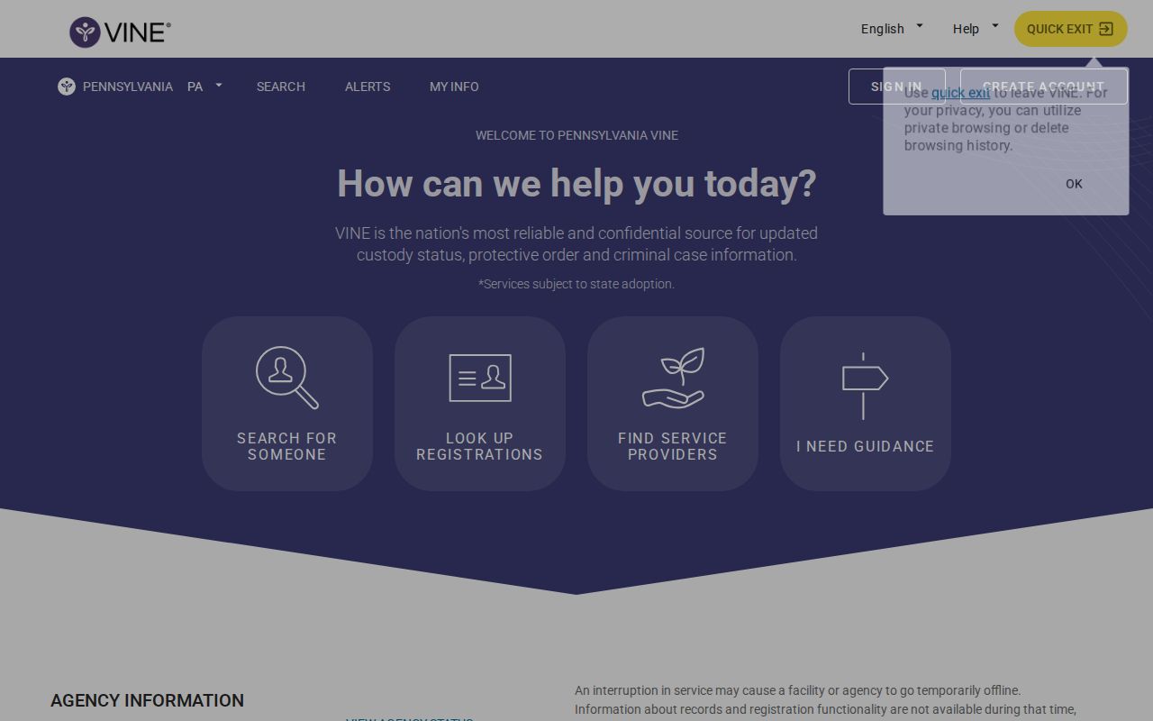 Pennsylvania VINELink search screen for a Westmoreland County inmate release check