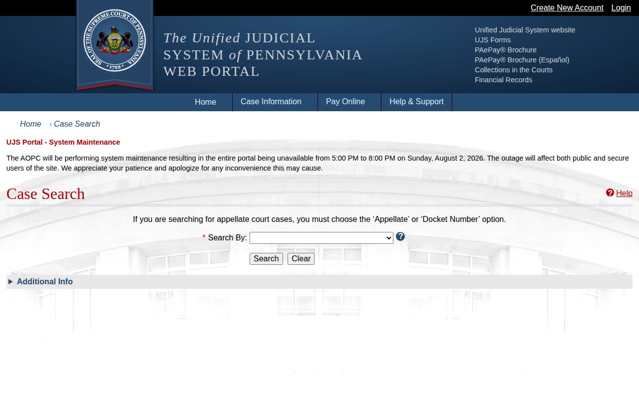 UJS court search for Westmoreland County release records